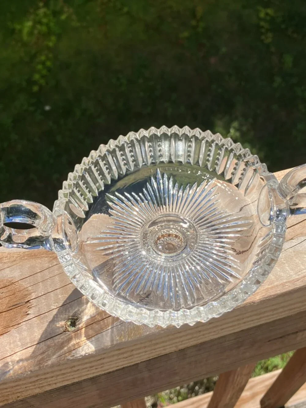 Vintage EAPG Brilliant Candy Dish Double Handle Starburst Sawtooth Rim cir 1910